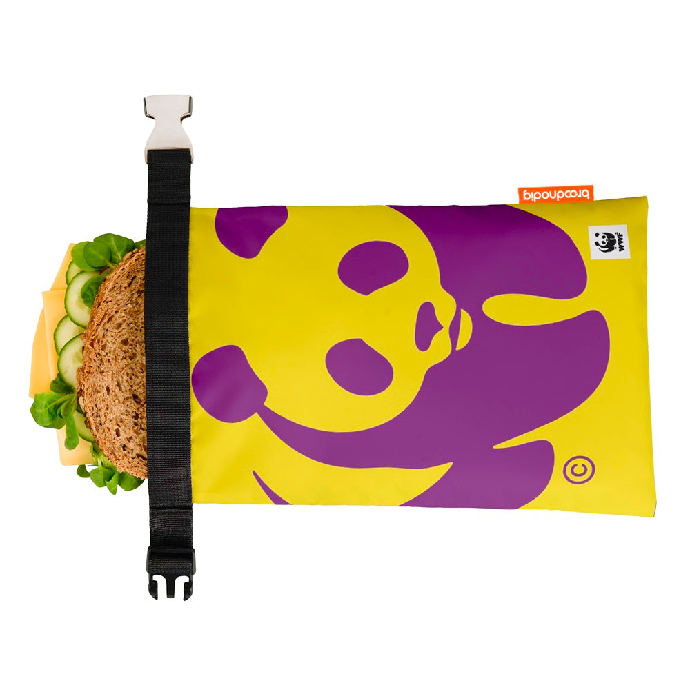 Broodnodig x WWF herbruikbare boterhamzak Panda geel paars 01 WWF-Webshop