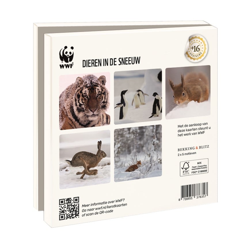 WWF kerstkaartenmapje - Dieren in de sneeuw - 10 vierkante kerstkaarten met envelop (2024)