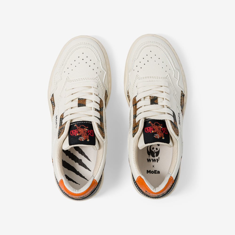 MoEa x WWF Gen1 Sneakers van palm - Wit met tijgerprint (kids)