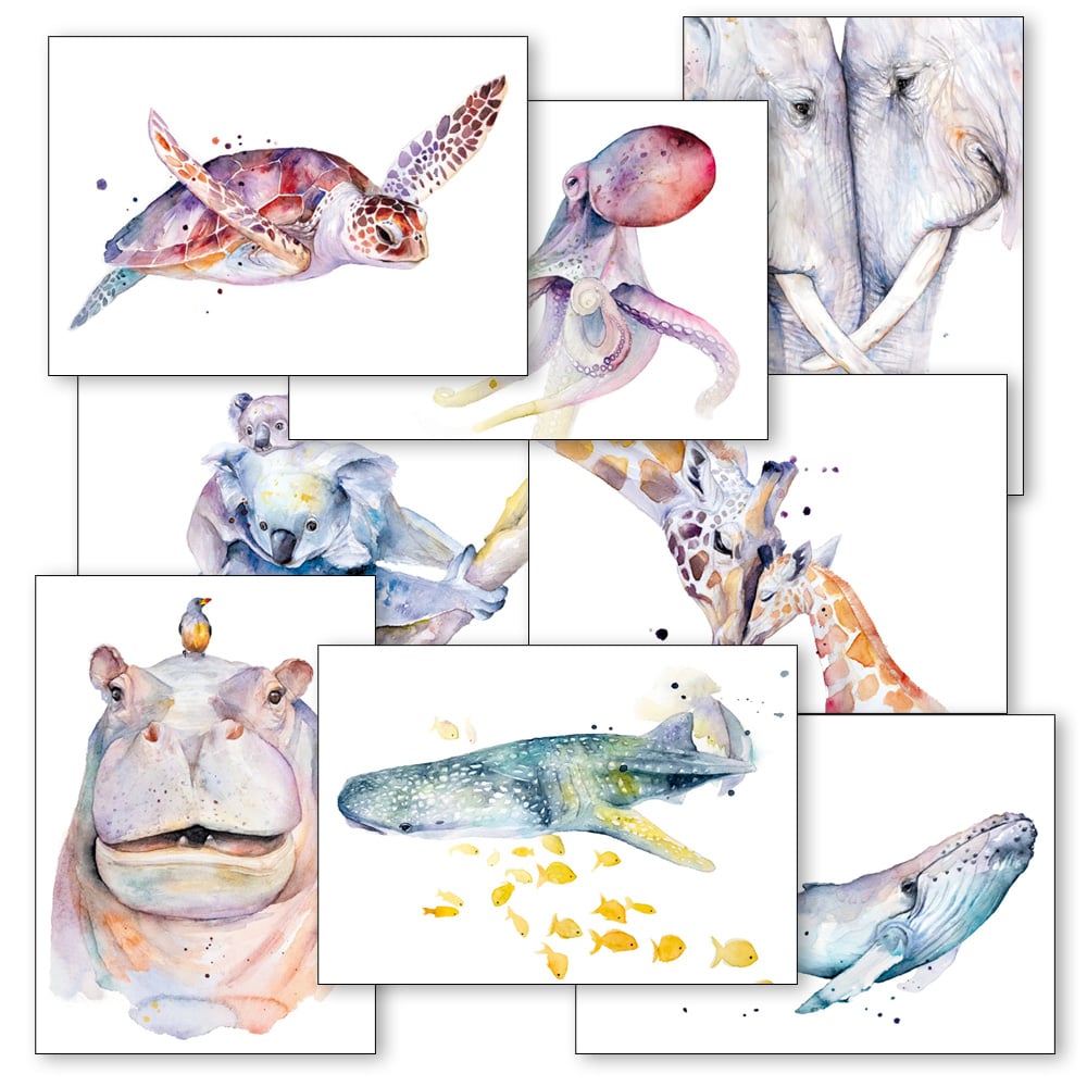 Set van 8 ansichtkaarten - Aquarel tekeningen dieren
